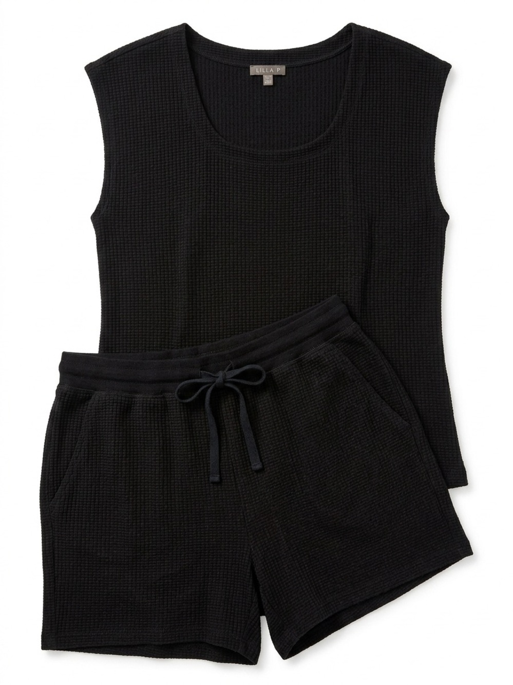 Lilla P Black Waffle-Knit Sleeveless Tank & Drawstring Shorts Set EUC Medium
